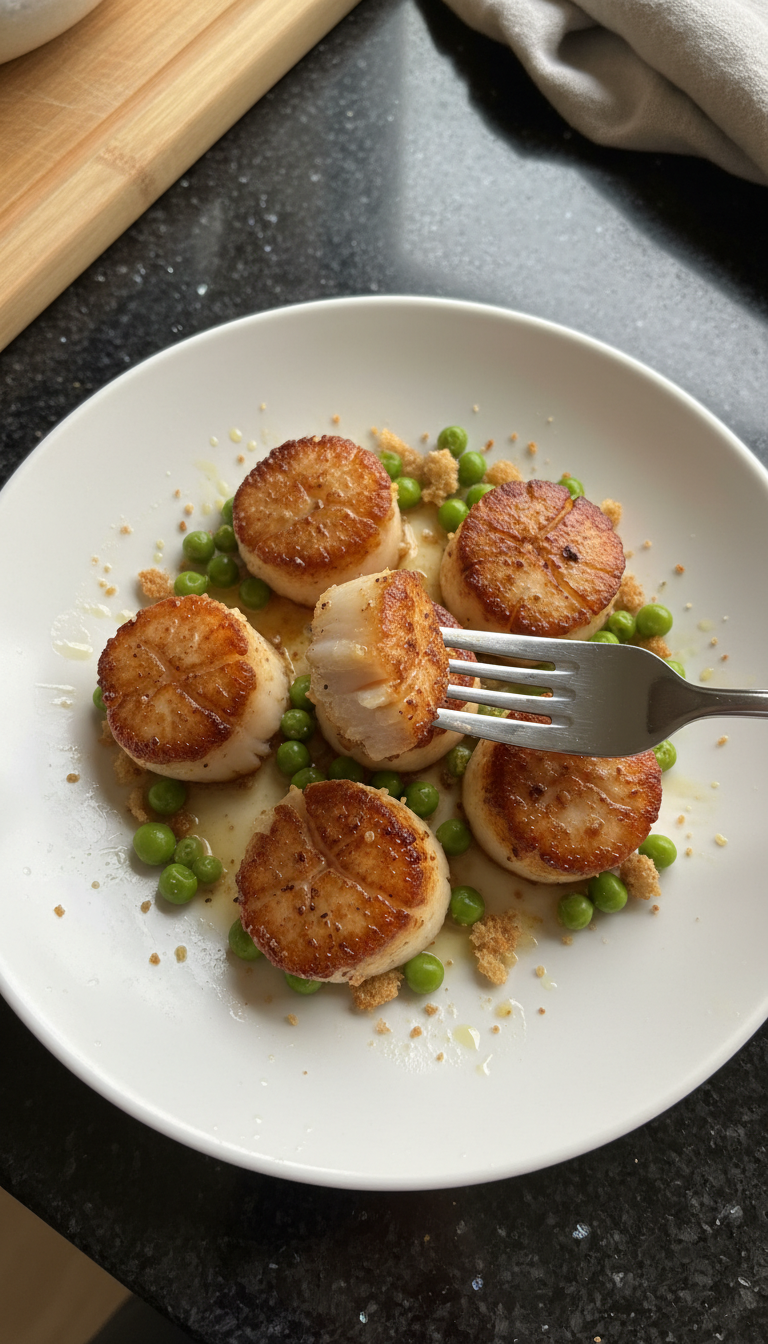 Crispy Seared Scallops with Peas
